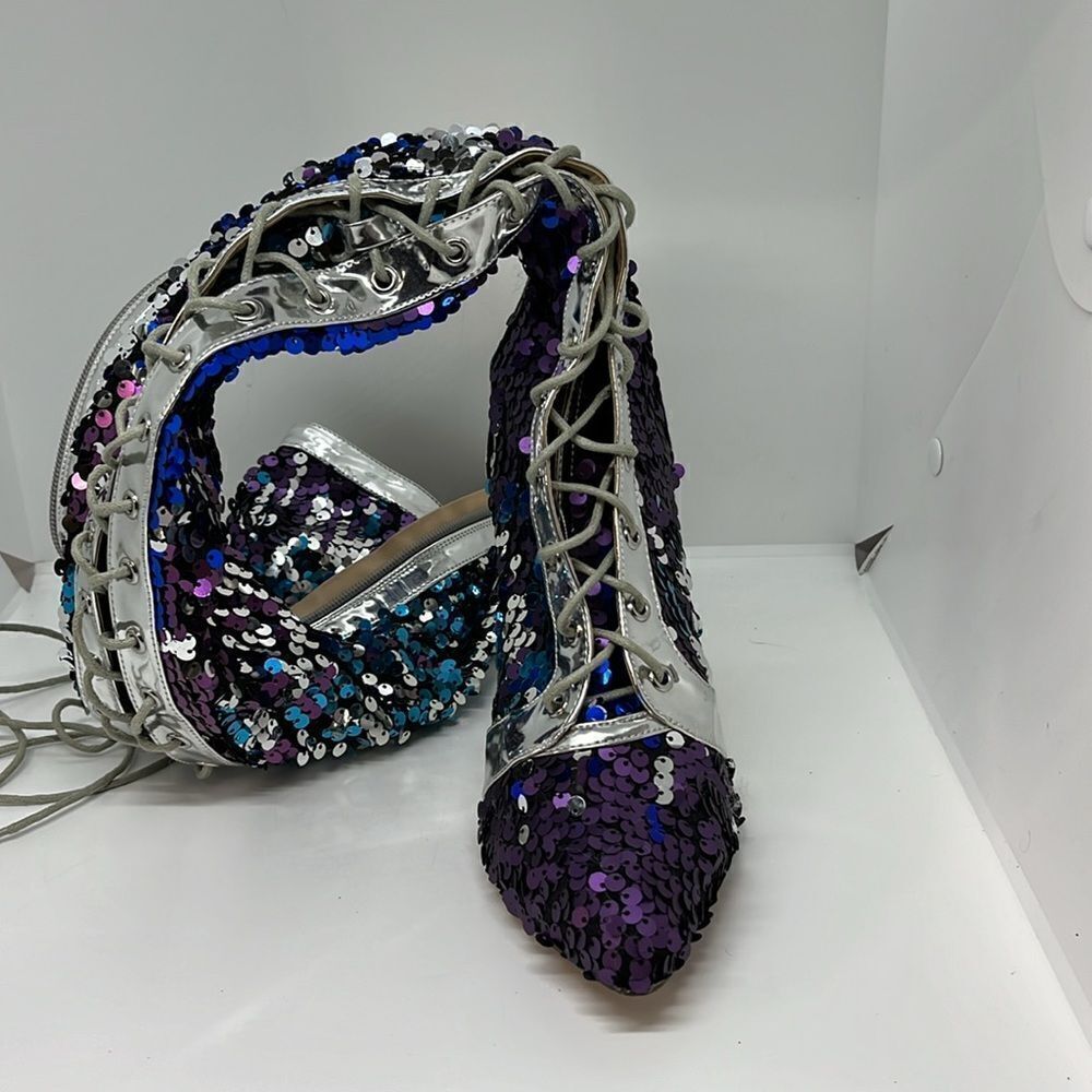 Sequin Lace-Up Pointed Toe Heels in Purple and Blue - Picture 8 of 8
